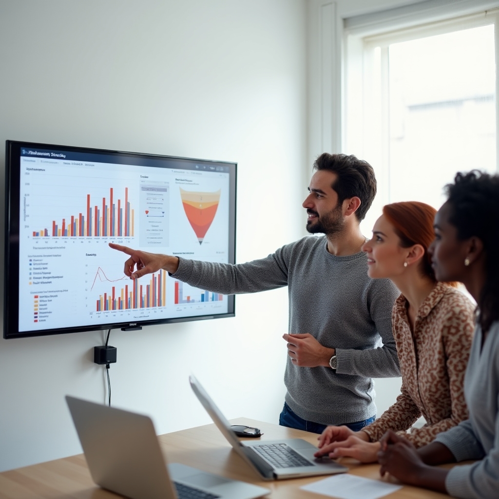 Marketing team member building a custom analytics report on a large widescreen monitor