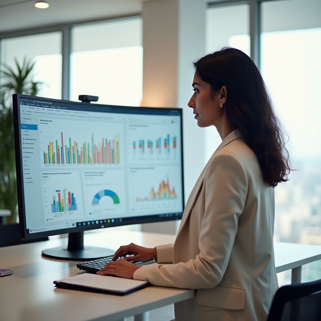 Marketing analyst reviewing a Google Analytics 4 dashboard on a large monitor