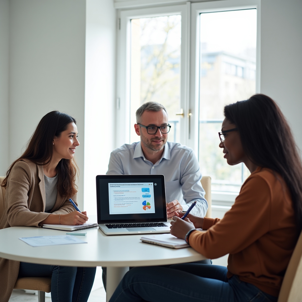 Small marketing team discussing analytics findings around a conference table
