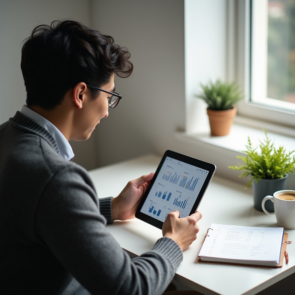 Person checking a short weekly analytics report on a tablet at a clean desk